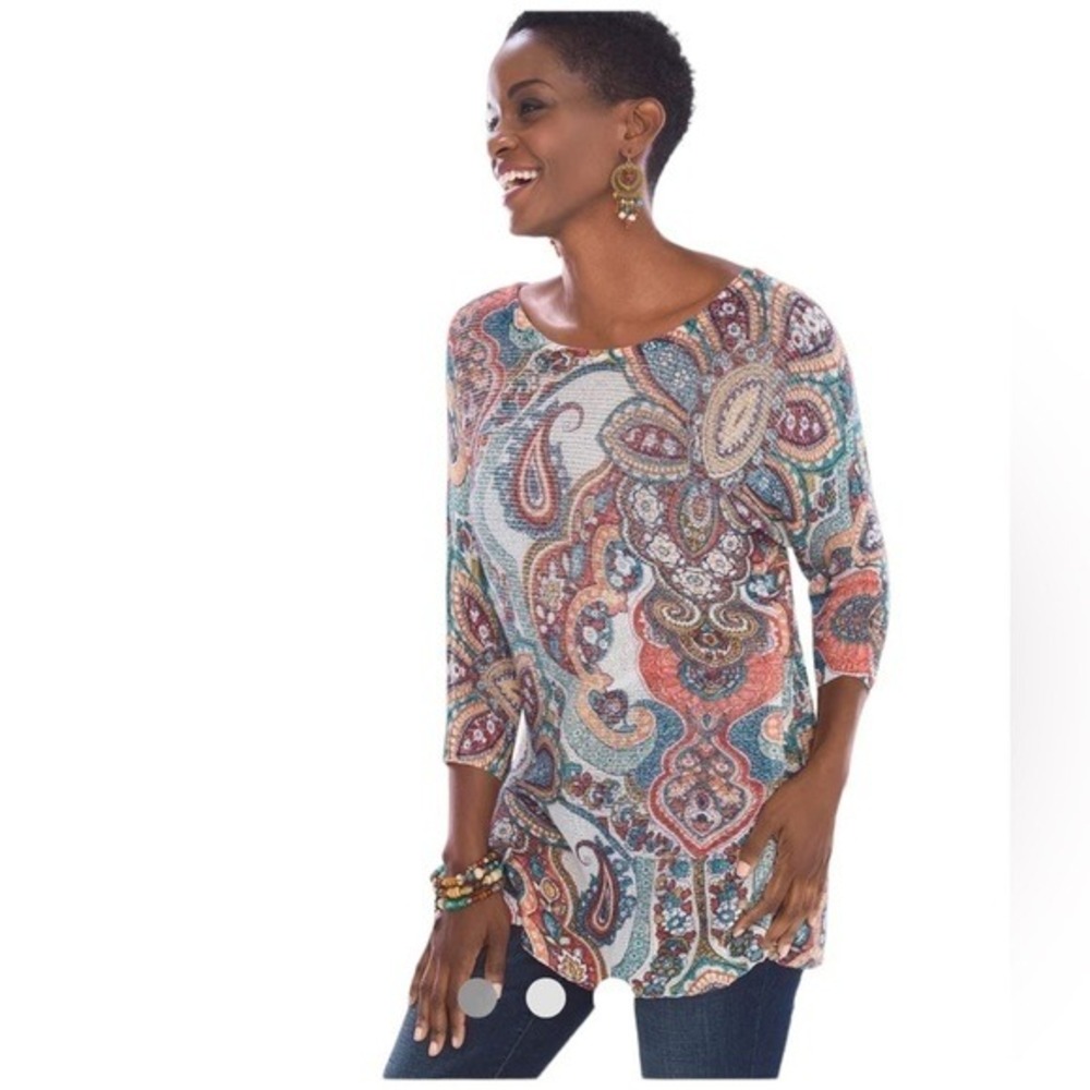 Chicos Paisley Sweater Size S Long Tunic Scoopneck Colorful Artsy Lightweight‎